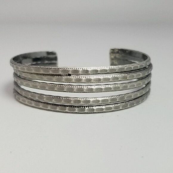 Vintage Silver Tone Layered Cuff Bangle Bracelet, Textured Design, Estate - Picture 1 of 7